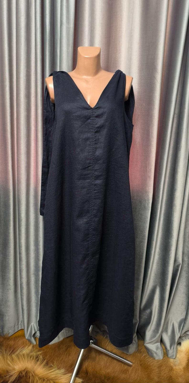 COS Linen Midi Dress Black Tie Shoulder Straps Open Back Loose Fit EU 40 COS