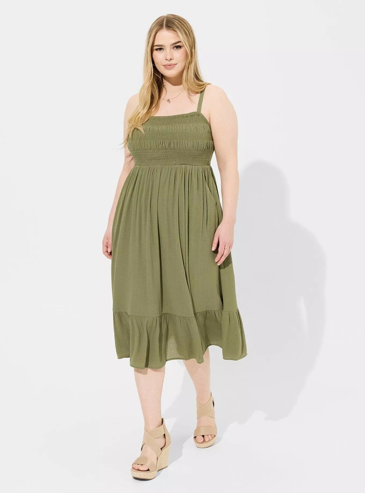 TORRID Midi Washable Gauze Smocked Bodice Tiered A-Line Dress 5 (28) 5X Green