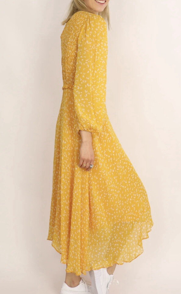 Ghost London Margaux Leopard-Print Dress Sun Yellow Midi Dress Size XS