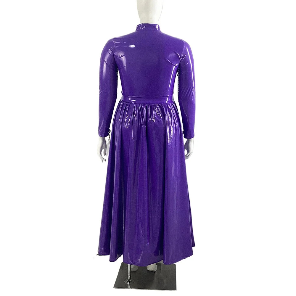 Lockable Spandex PVC Leather Long Dresses Exotic Party Wetlook Pleated Dress