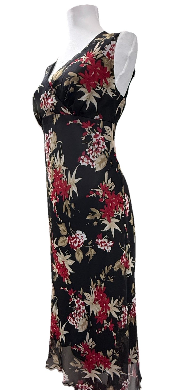 Vtg Meghan Mathews Size 10 Red Black Floral Whimsigoth Midi Dress Y2K 90’s EUC