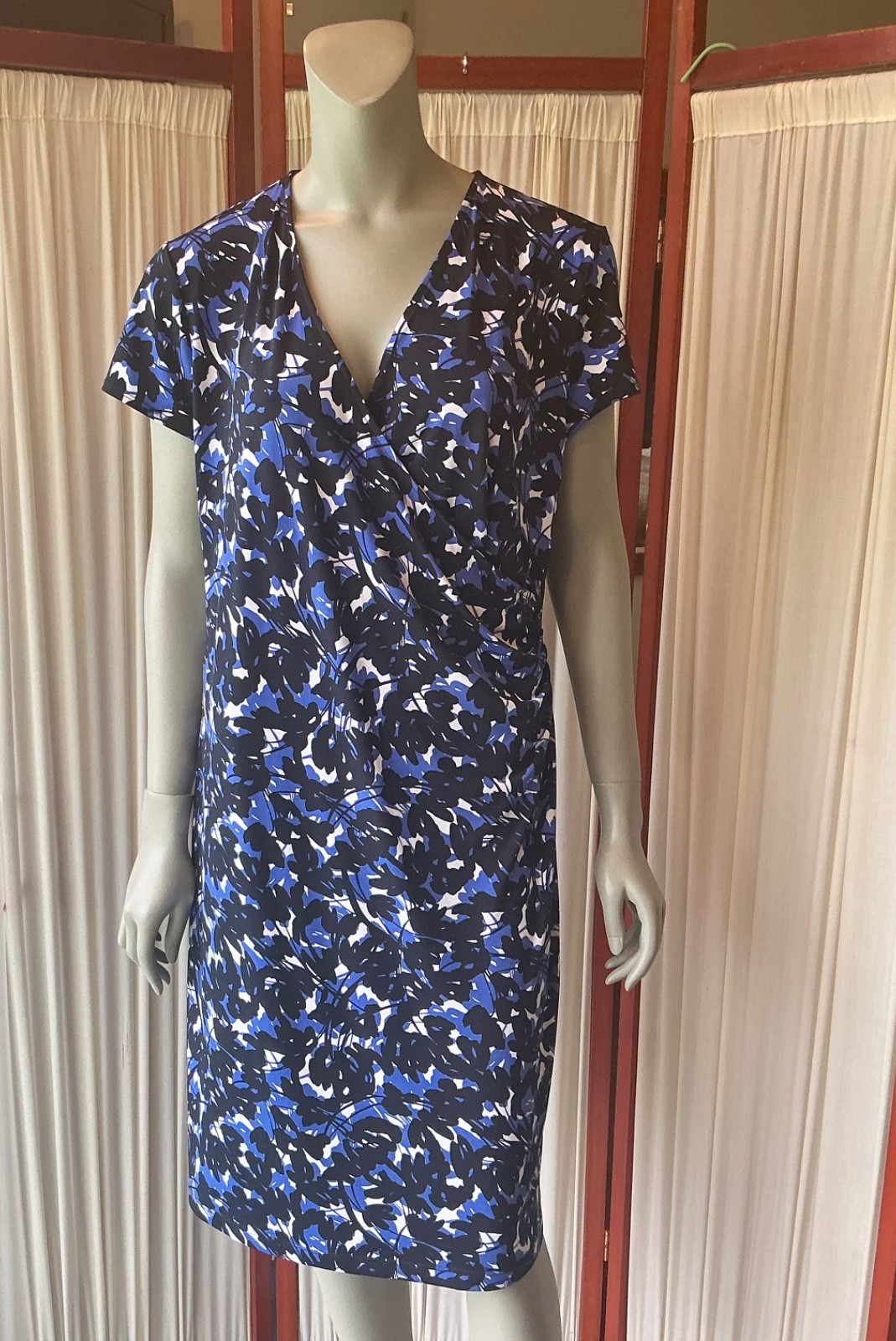 Jones New York Signature Faux Wrap Dress Cap Sleeves Blue Black NWT Size XL