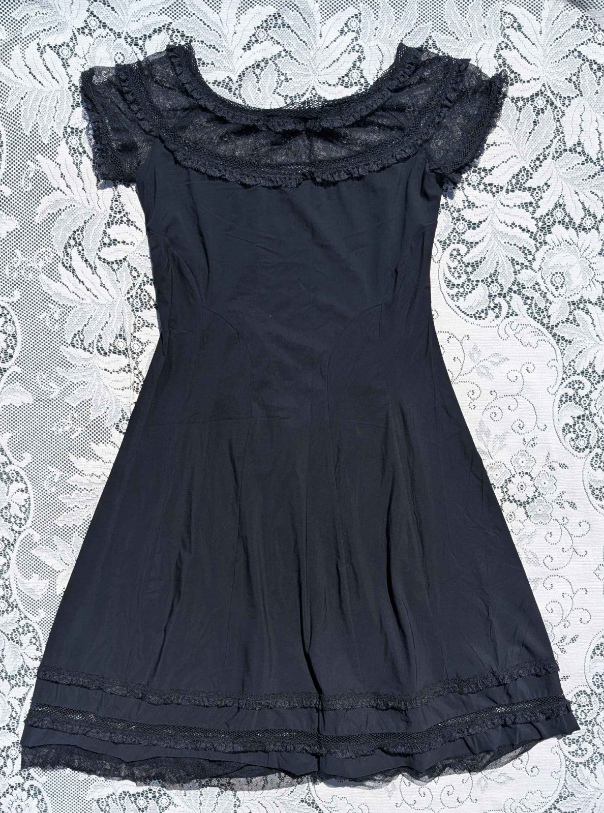Indies Elegant Gothic Retro Sexy Little Black Lace Net Ruffle Stretch Slip Dress