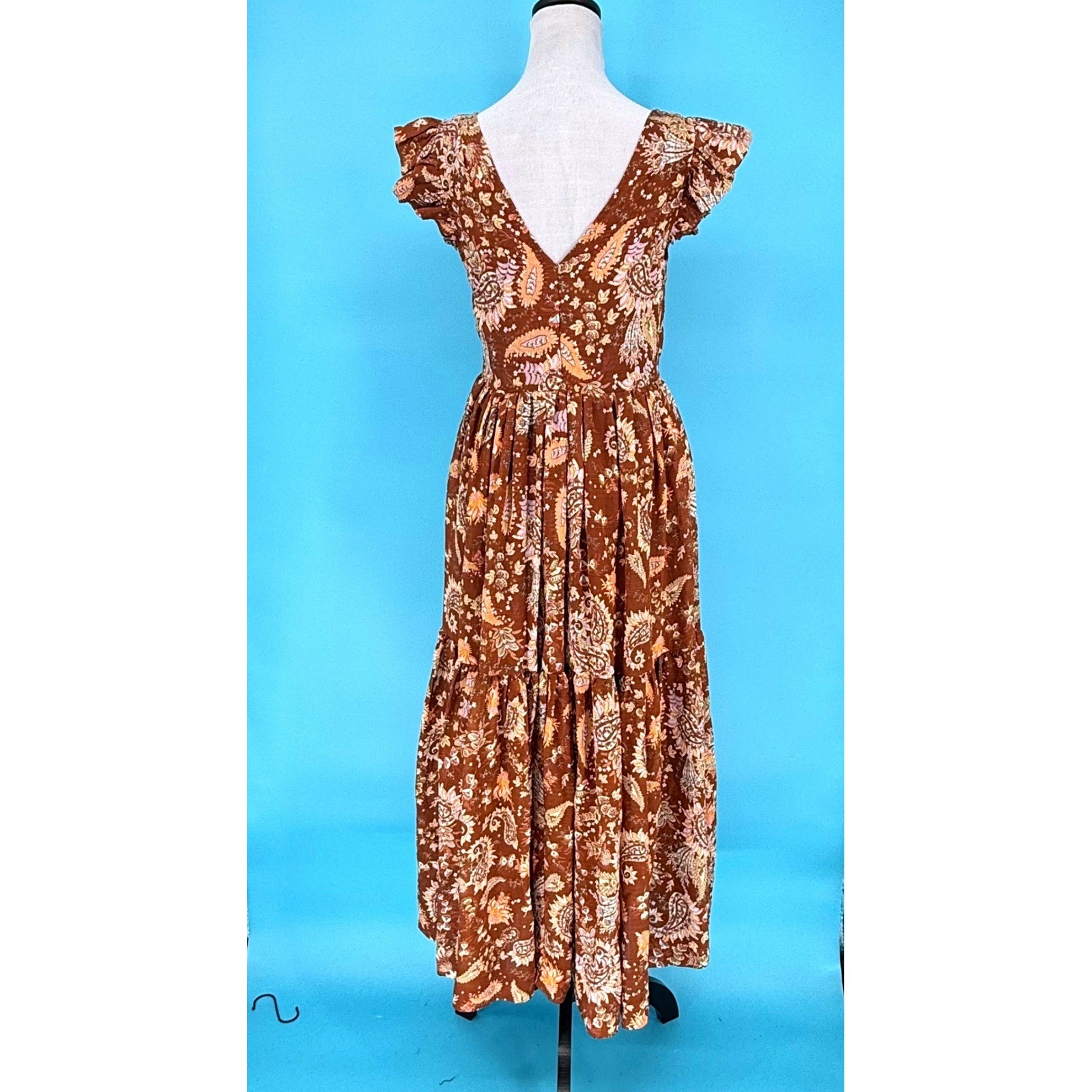 En Saison Brown Paisley Tiered Maxi Dress Ruffle Sleeve V-Neck IES2739D Small