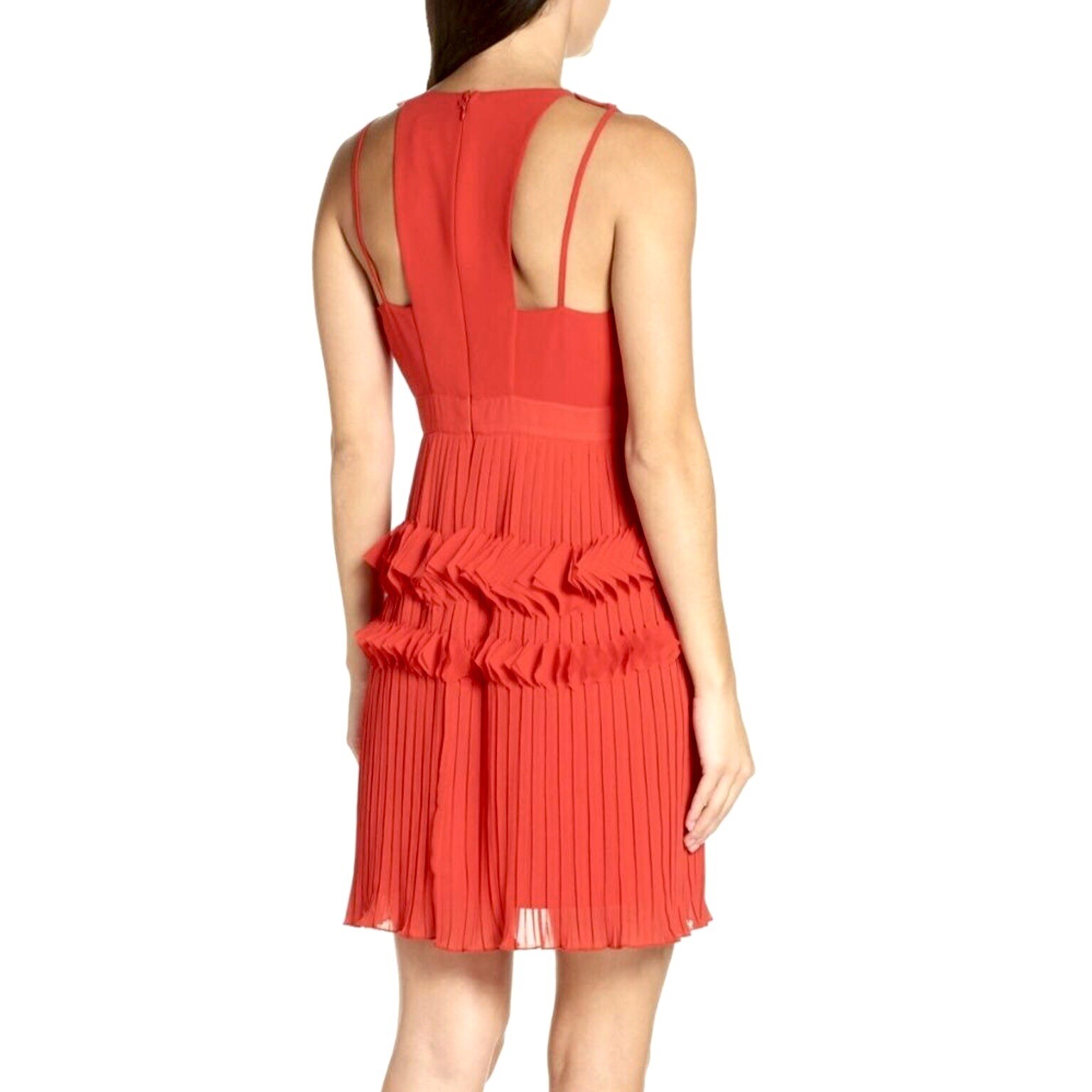 Foxiedox Red Pleated Ruffle Dress Sz S VNeck Zipper Lined Wedding Guest Party