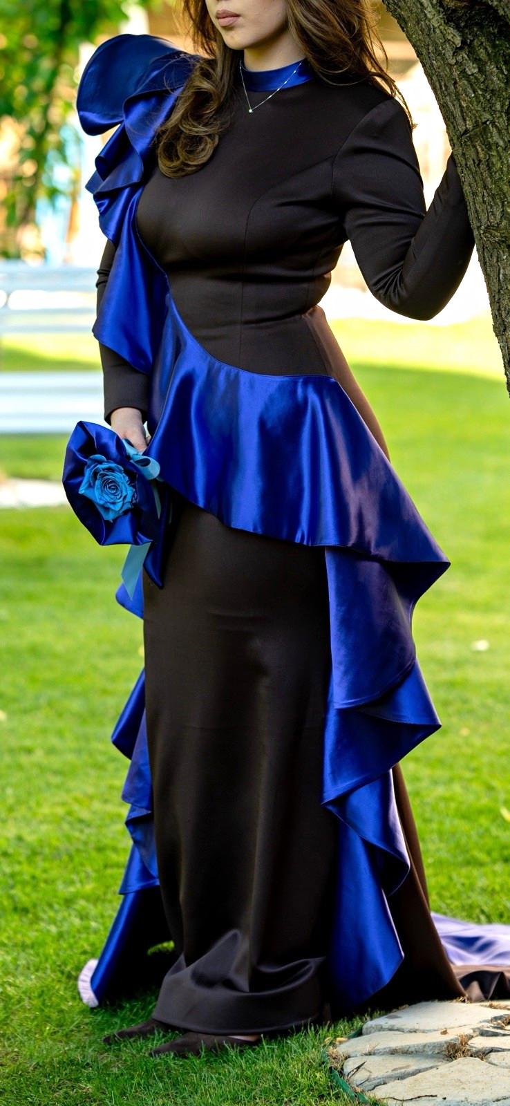 Women’s M/L Black & Blue Satin High Neck Long Sleeve Ruffled Prom Dress