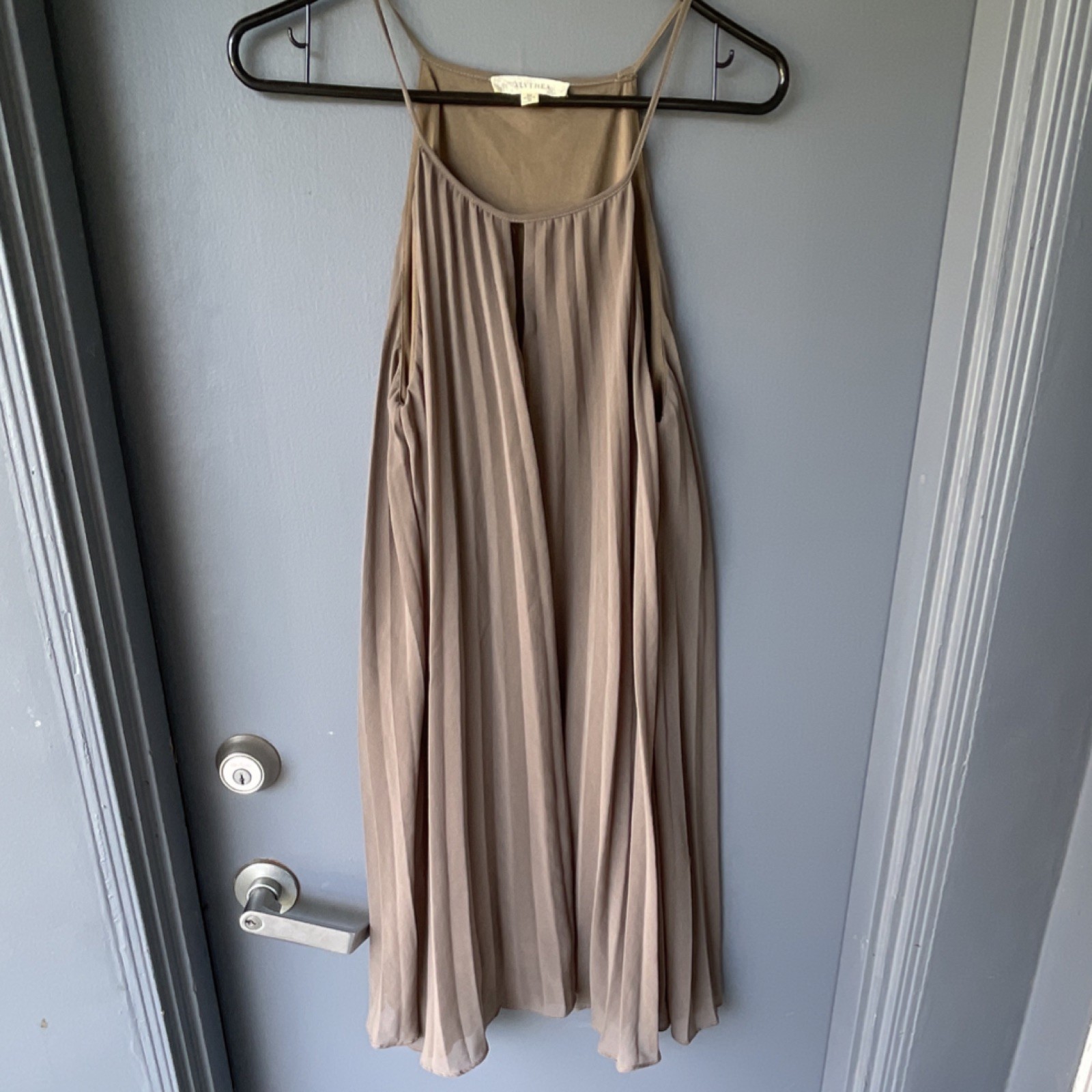 Alythea Taupe Pleated A-Line Dress Scoop Neck Sleeveless Strappy Size M