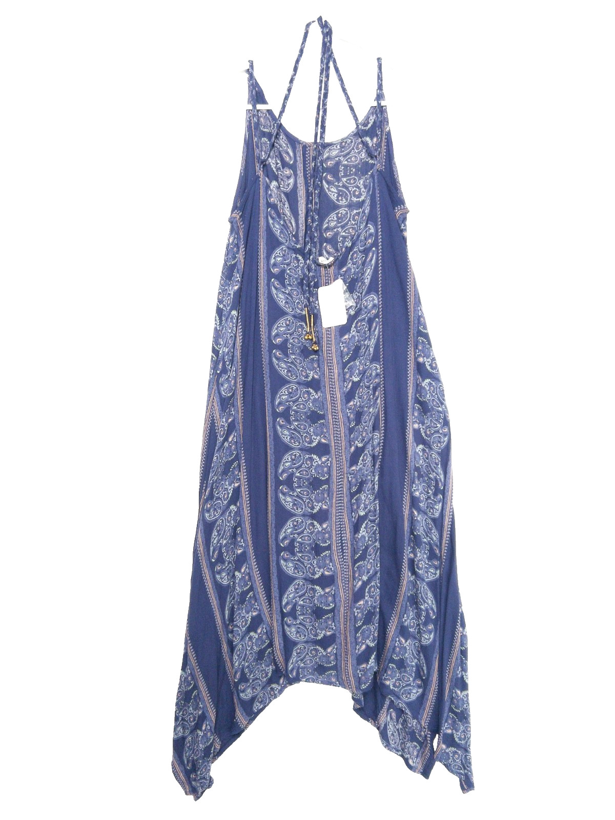 En Creme Paisley Crossback Tassel Hippie Boho Sharkbite Maxi Dress Womens M NWT