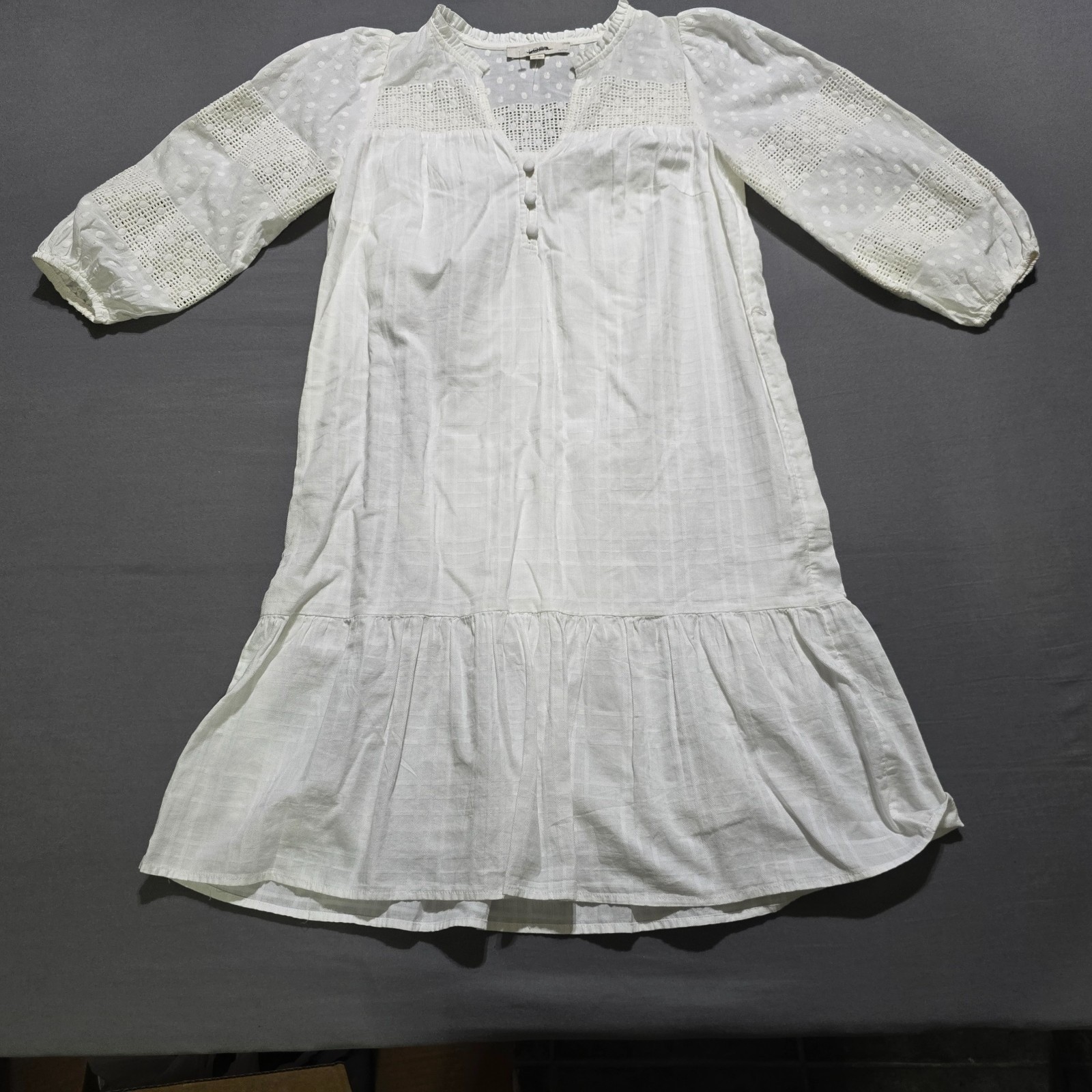 LOFT Dress Womens XSP White Swiss Dot Crochet Lace Tiered Cotton Mini