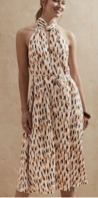 Banana Republic Dress High Neck Twist Front Midi Cream Gray Mustard Artsy Sz M