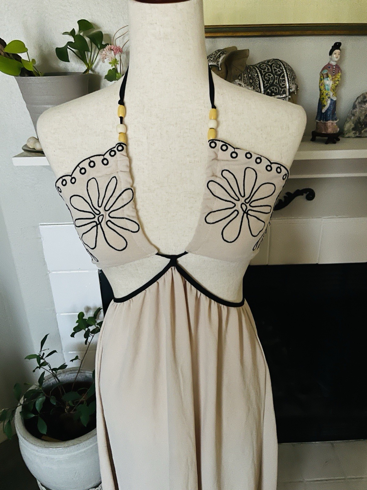 Halter Maxi Dress Open Back Zipper Cutout Beaded S Boho Beach Silholette Sexy
