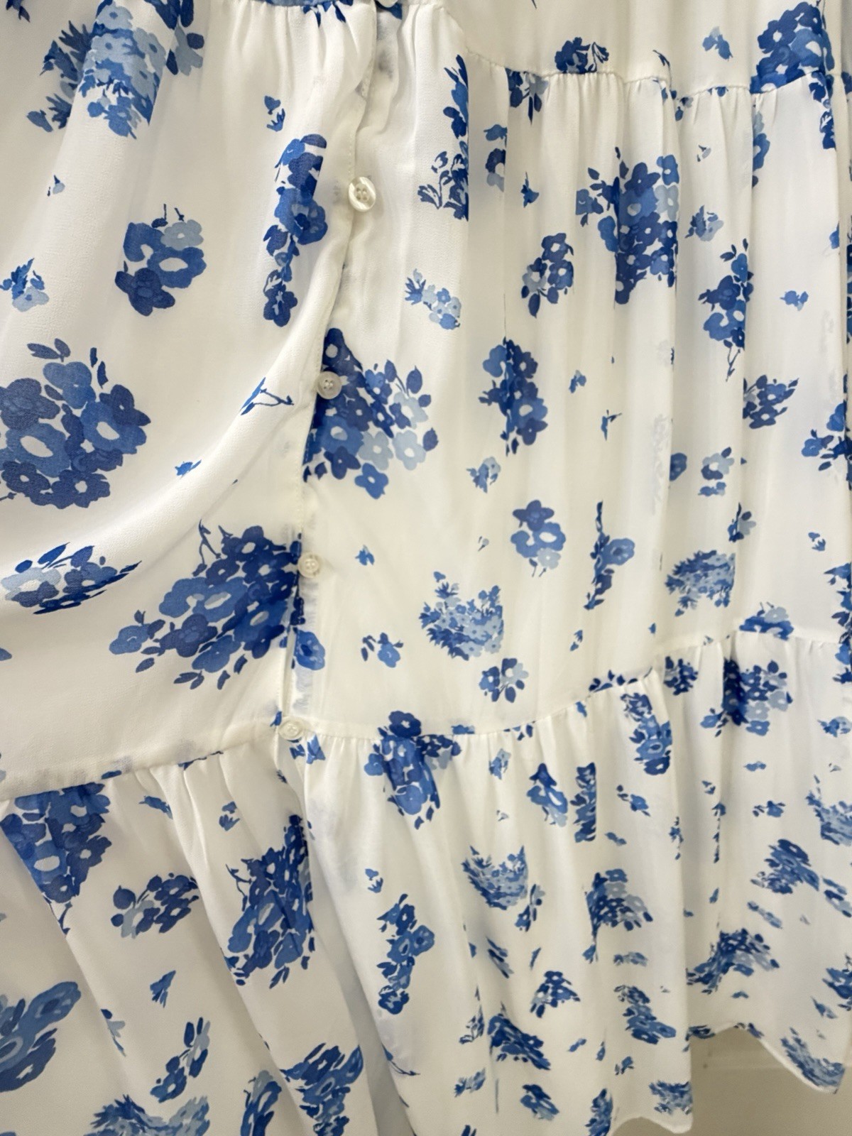Sugarlips Blue White Floral Kissa Tiered Maxi Dress Button Down Long Sleeve Sz S
