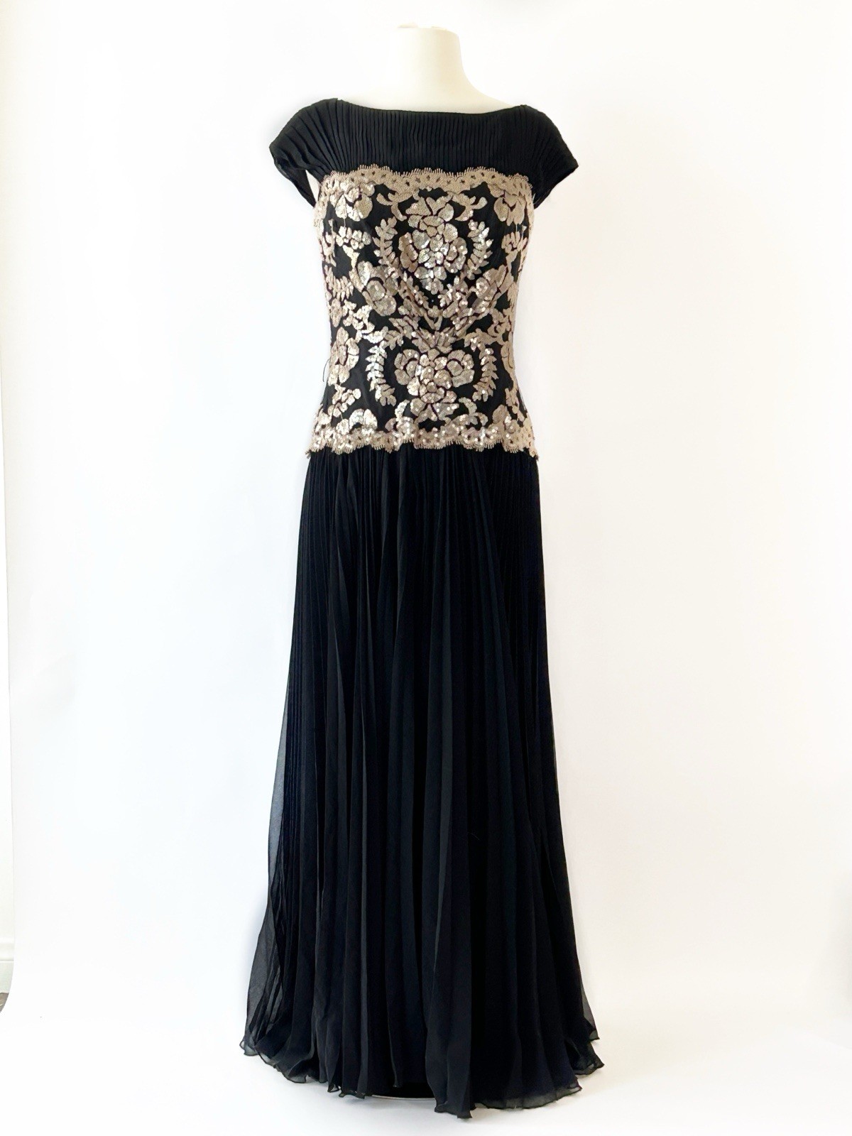 Tadashi Shoji Gown Formal Dress Lace Tulle Sequin Pleated Chiffon Size 6 Read*