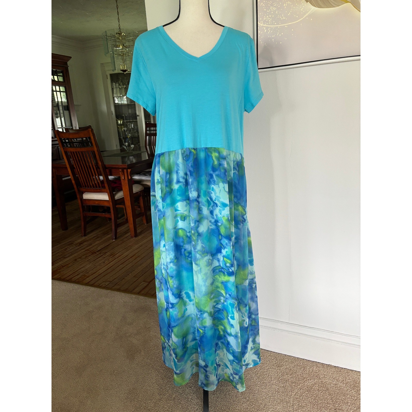 LOGO by Lori Goldstein Turquoise Watercolor Mixed Media Maxi Dress Sz M