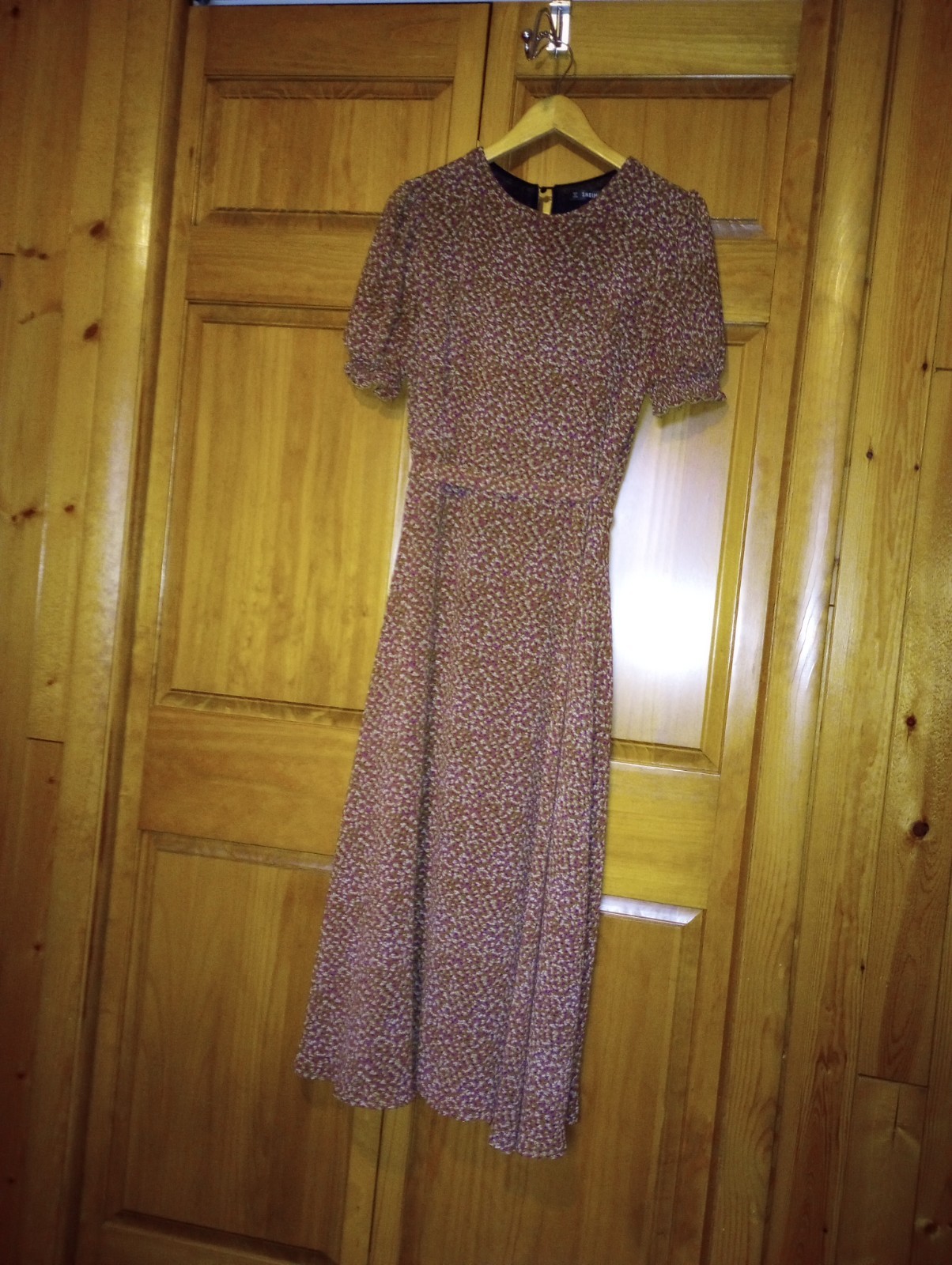Calico Prairie Dress Brown Sz Large Boho Midi puff sleeve lined belt zip keyhole