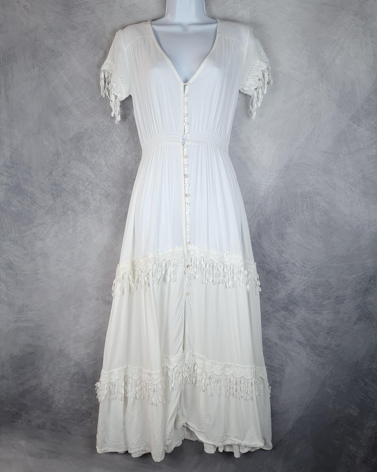 Jaase Dress Womens XS White Boho Maxi Button Front Smocked Tassel Fringe