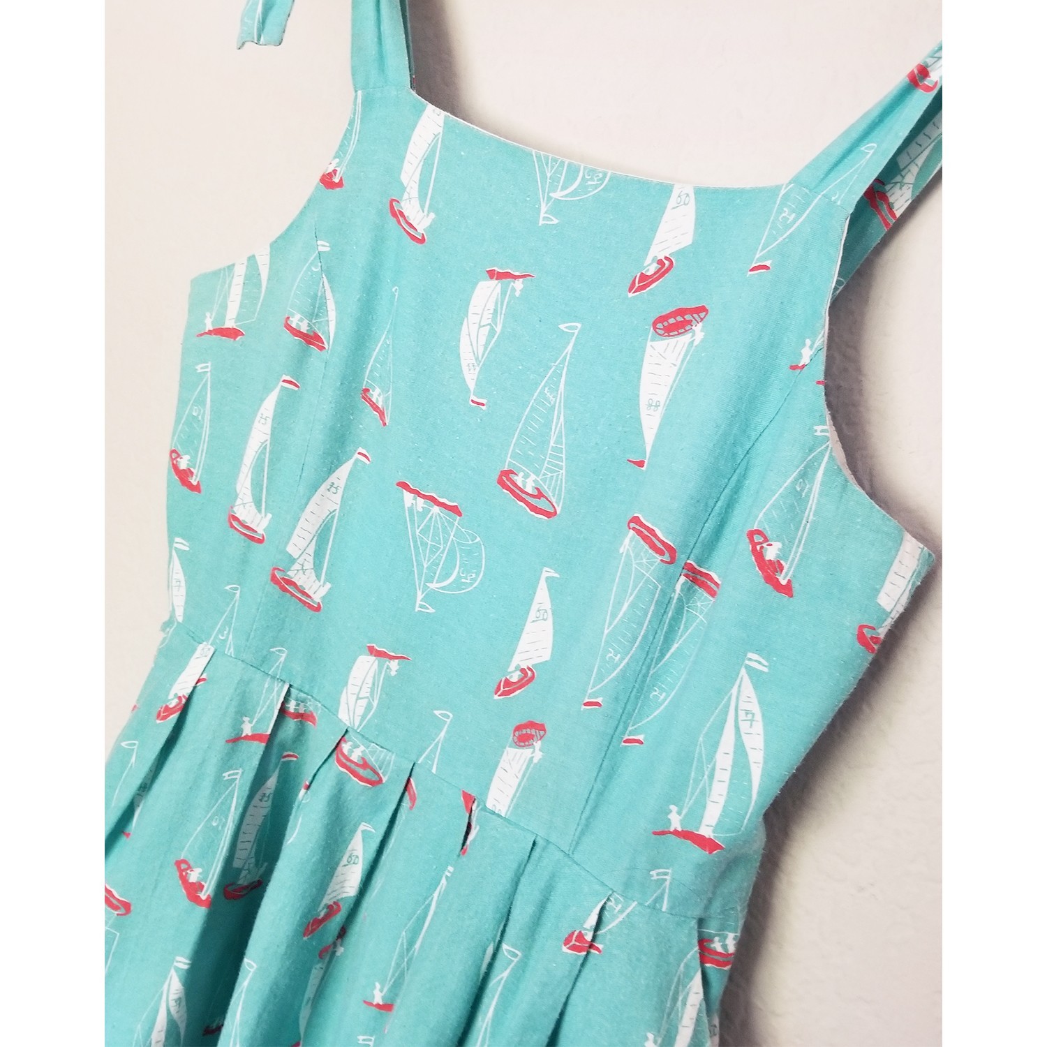 ModCloth Knitted Dove Mint Blue Retro Sailboat Print Dress Size M 100% Cotton