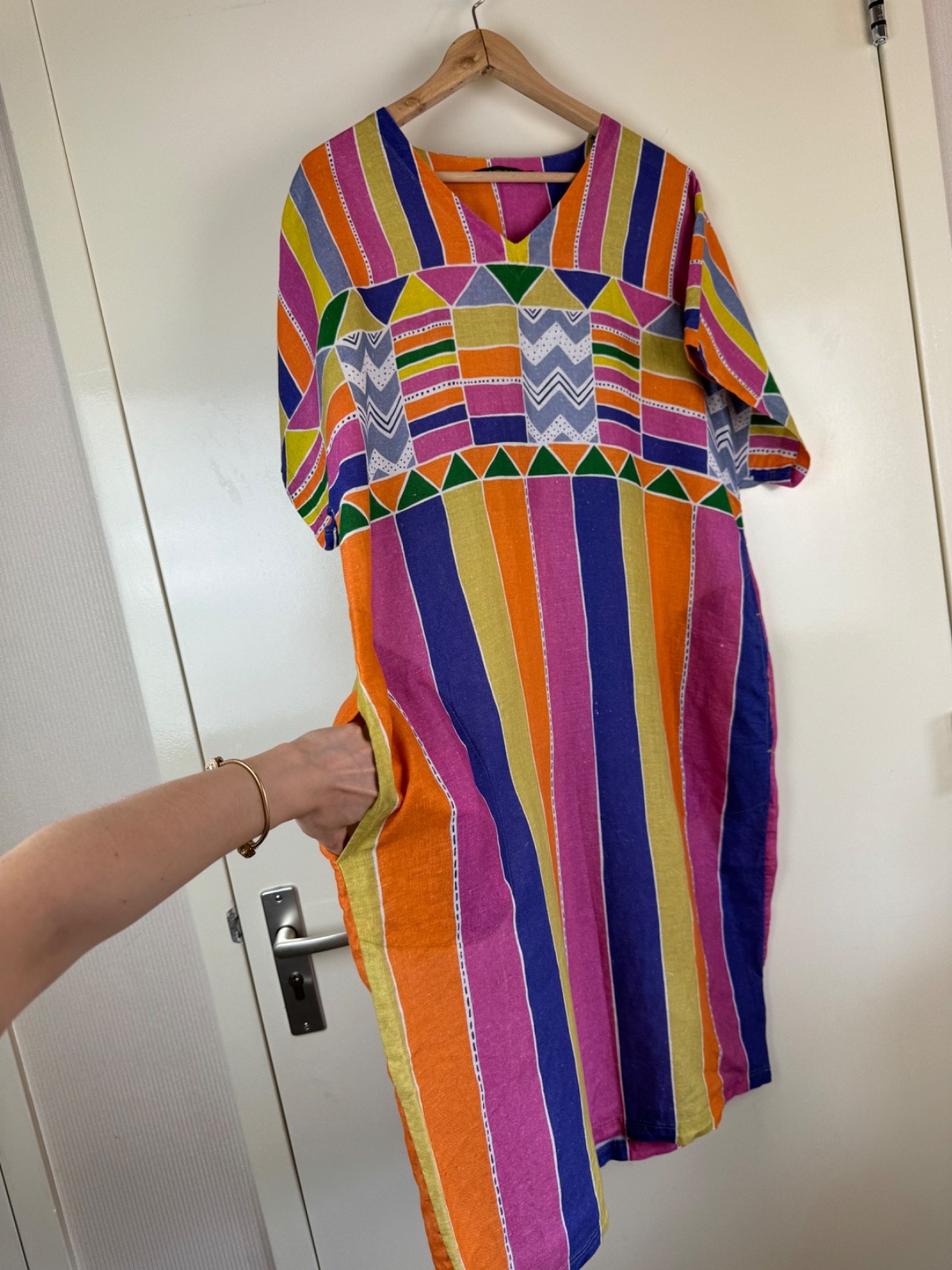 GUDRUN SJODEN Linen Multicolor Cheerful Dress Kaftan Ikat Geometric Sundress L