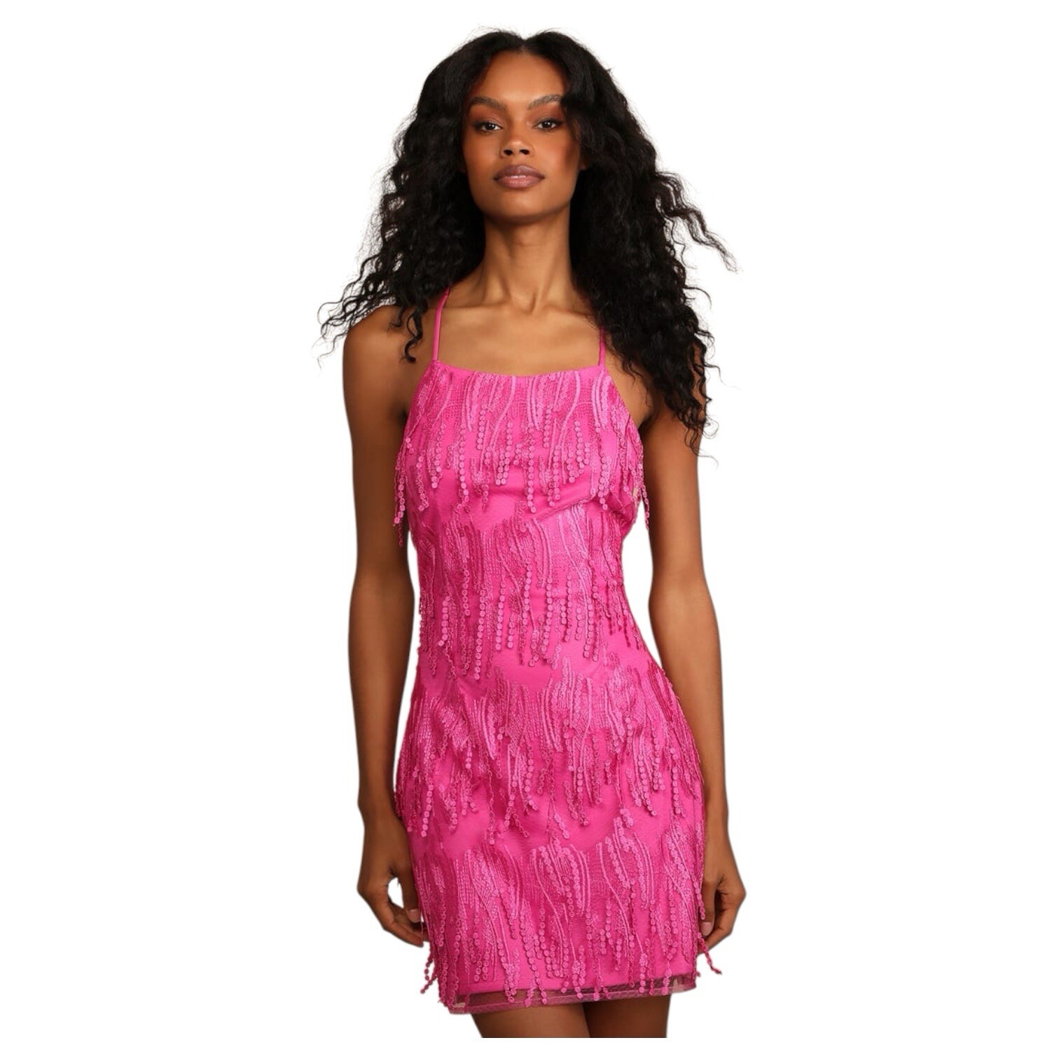 New Lulus Dress Womens M Making Magic Fringe Lace Up Mini Overlay Bright Pink