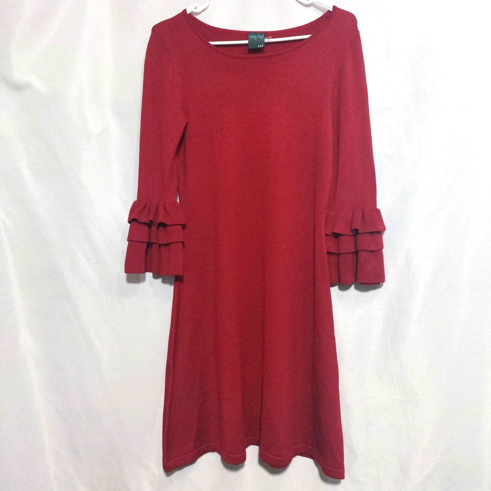 Gabby Skye Womens Small Knit Sweater Dress A Line Long Ruffle Sleeves Deep Red