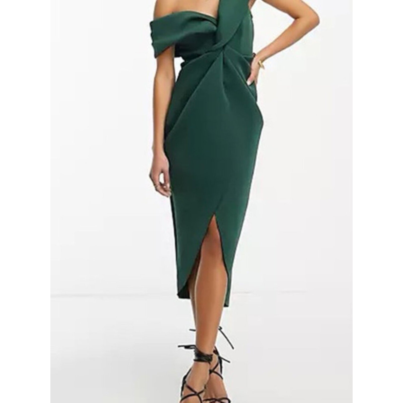 ASOS Off-the-Shoulder Twist-Front, Tulip Hem, Midi Dress, Dark Green, Size 8
