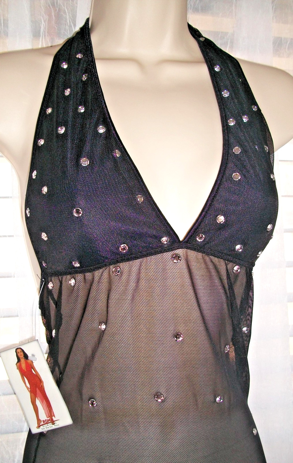 ROMA HOLLYWOOD S/M SHEER STRETCH BLACK NET RHINESTONE PARTY HALTER DRESS