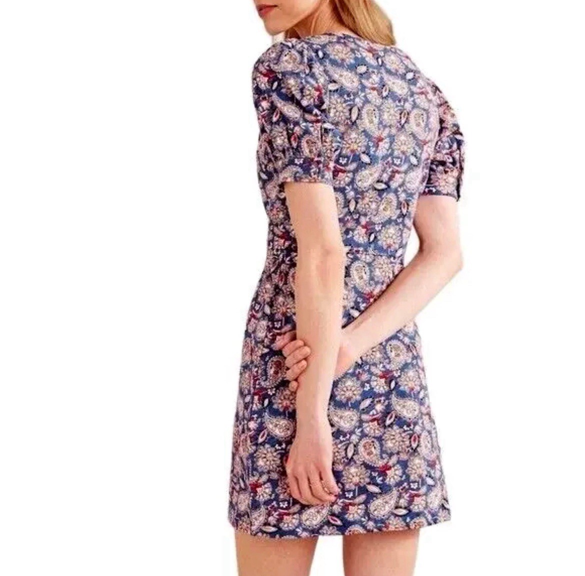 NWT BODEN V Neck Puff Sleeve Paisley Print Jersey Mini Dress 100% Cotton Sz 2R