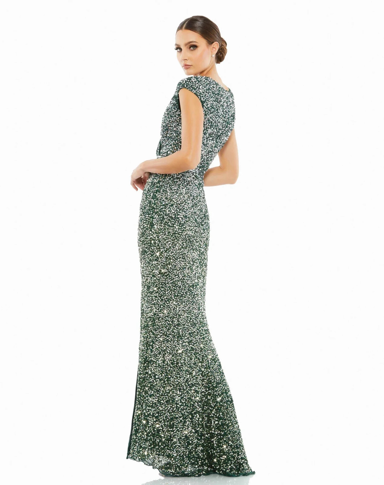 MAC DUGGAL 5489 Forest Green Sequin Beaded High Slit Ruched Maxi Gown Dress 12