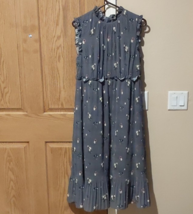Ted Baker Oracle Mock Neck Midi Ruffle Gray Pleated Sleeveless Floral Size 4