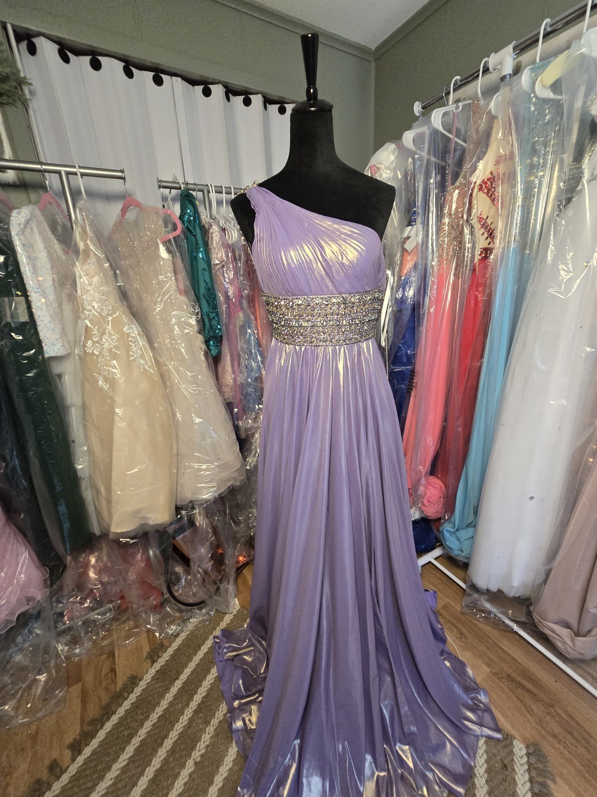 Sherri Hill 53304 Purple One Shoulder Long Gown Beaded Waist Slit