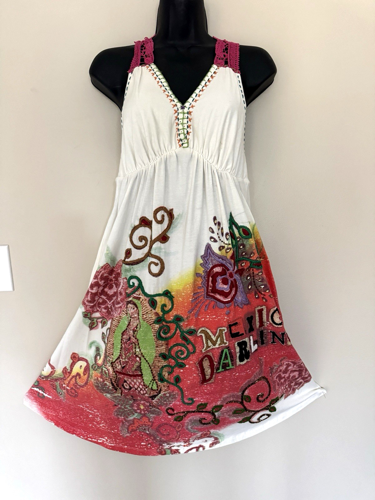 Double D Ranch Beaded Embroidery Crochet Novelty Print DRESS MEXICO Mother Mary