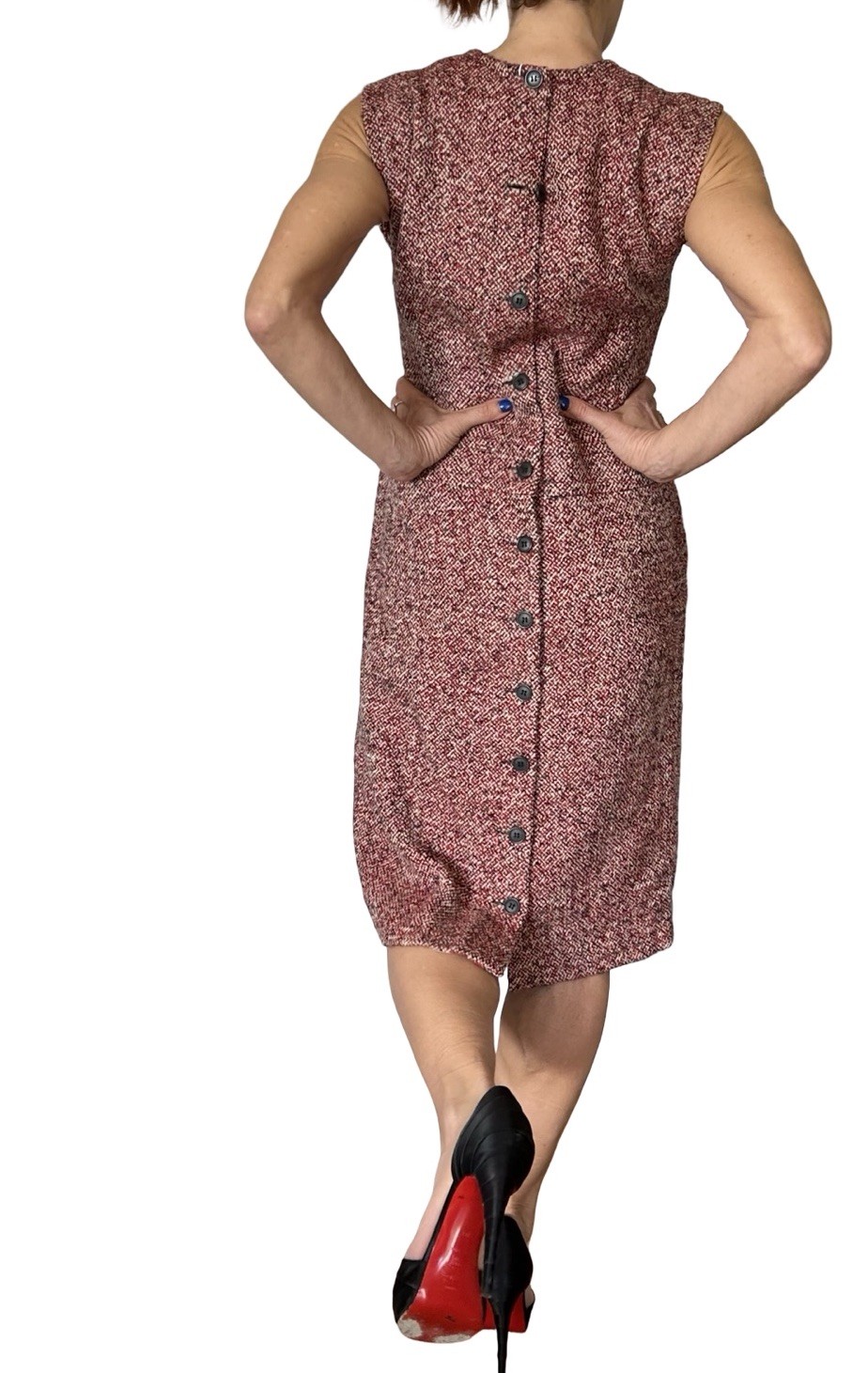 Cacharel Red Tweed Wool Alpaca Dress Sleeveless Shift Sheath Italy Women’s 6