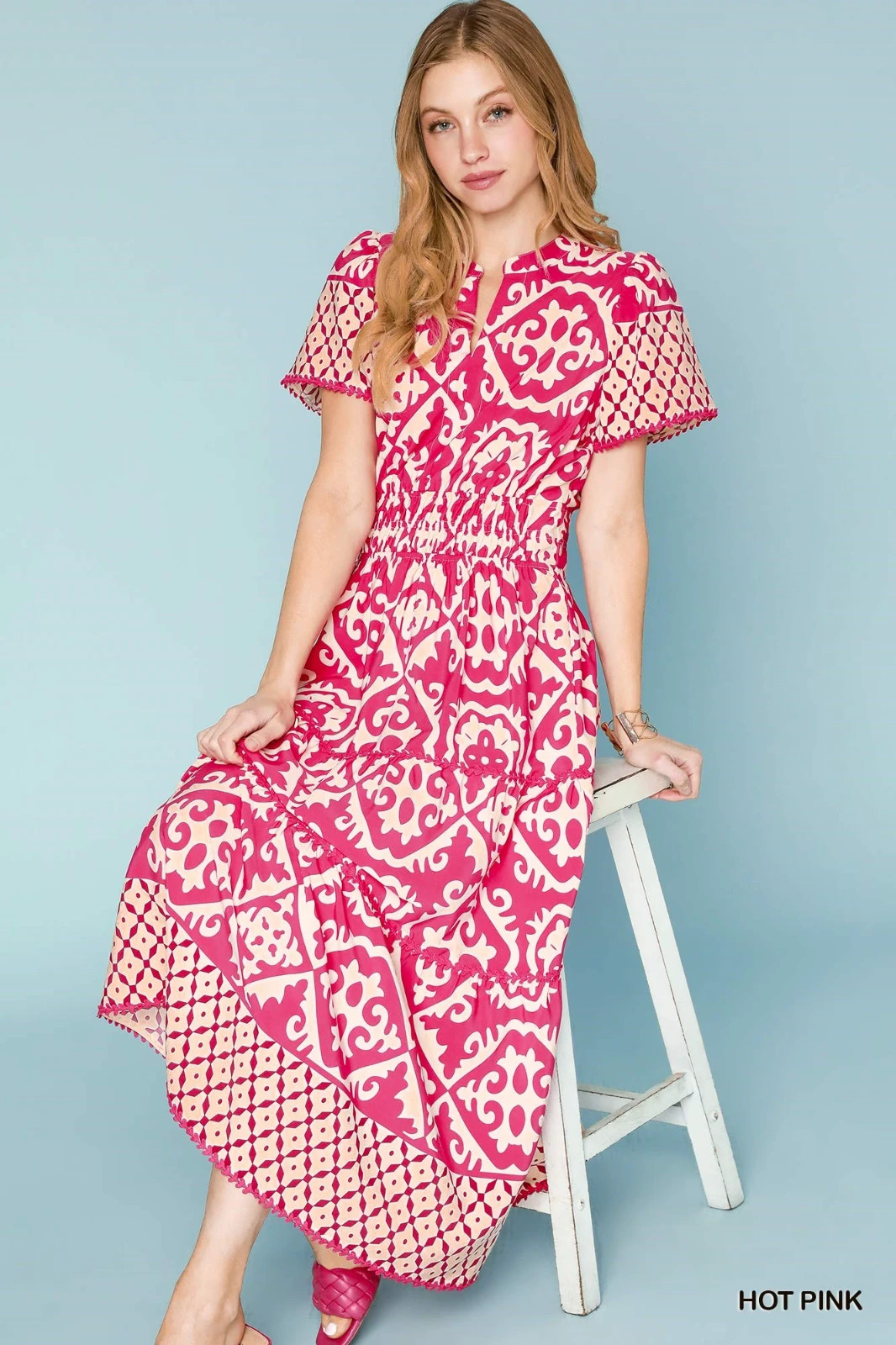 Umgee Hot Pink Tiered Maxi Dress Mandarin Collar & Short Sleeves w/Ric Rac Trim