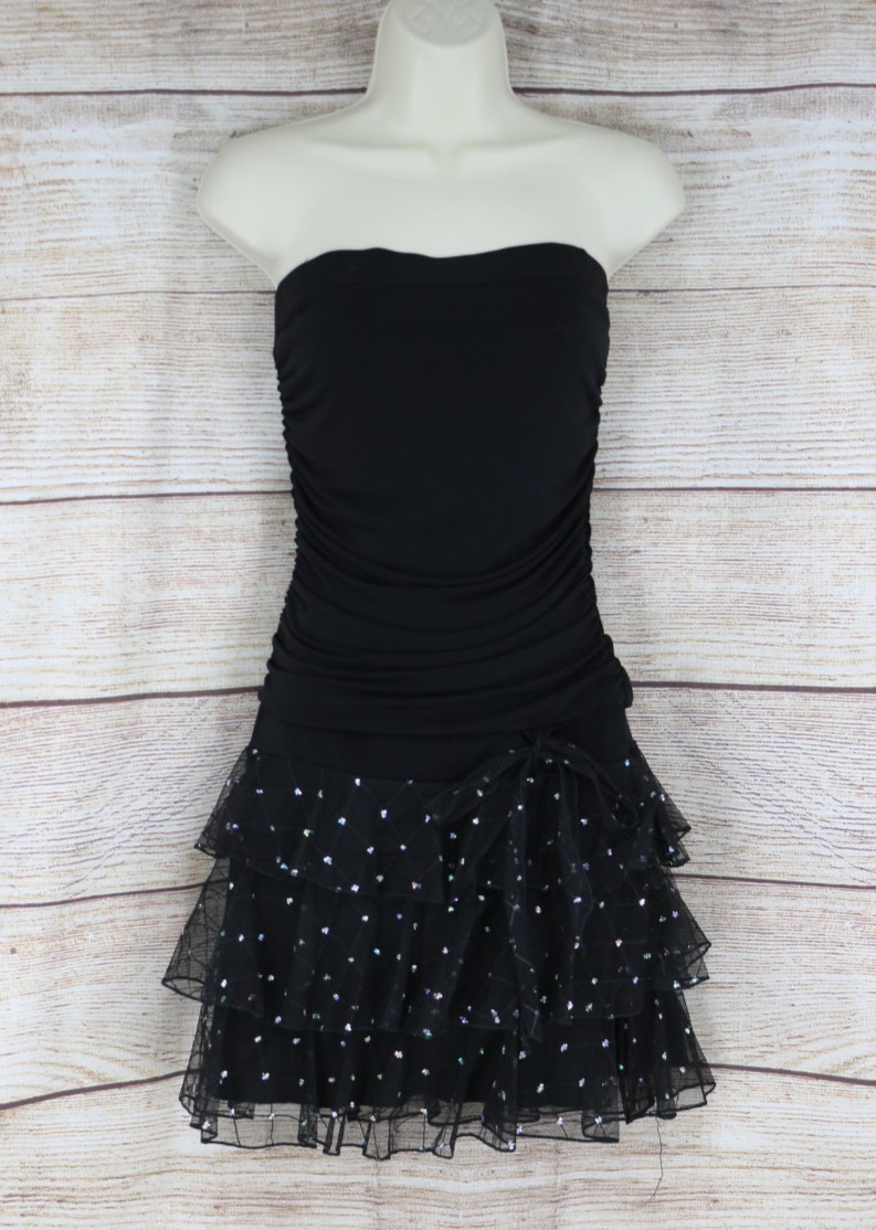 Y2K Womens Size Medium Strapless Ruched Short Party Dress Black Lace Sequins