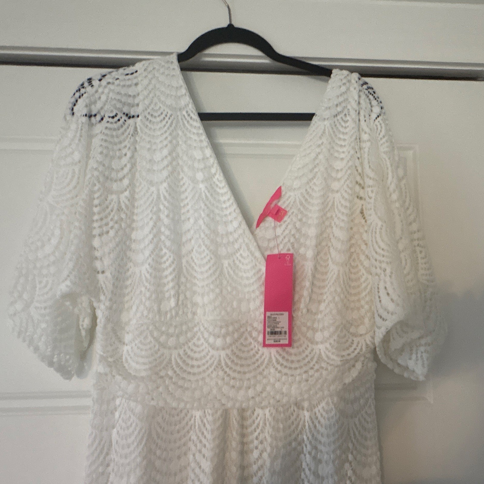 Lilly Pulitzer Maxi Dress White Scalloped Lace V-Neck 3/4 Sleeve L 015212