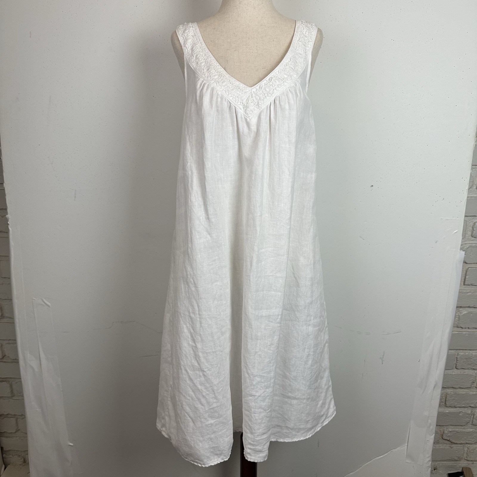 Cut Loose 100% Linen Sleeveless Midi Shift Dress White Resort Lagenlook Boho S