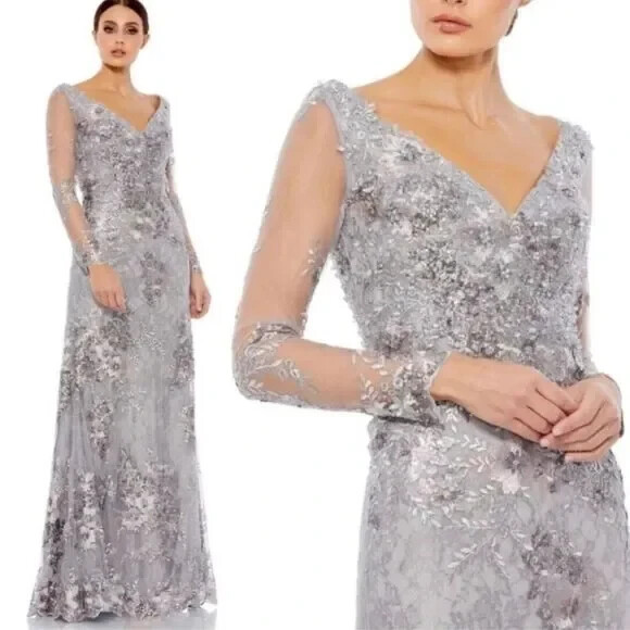 Mac Duggal Women’s Embellished Illusion V-Neck Gown Platinum Gray Sz 14 67539