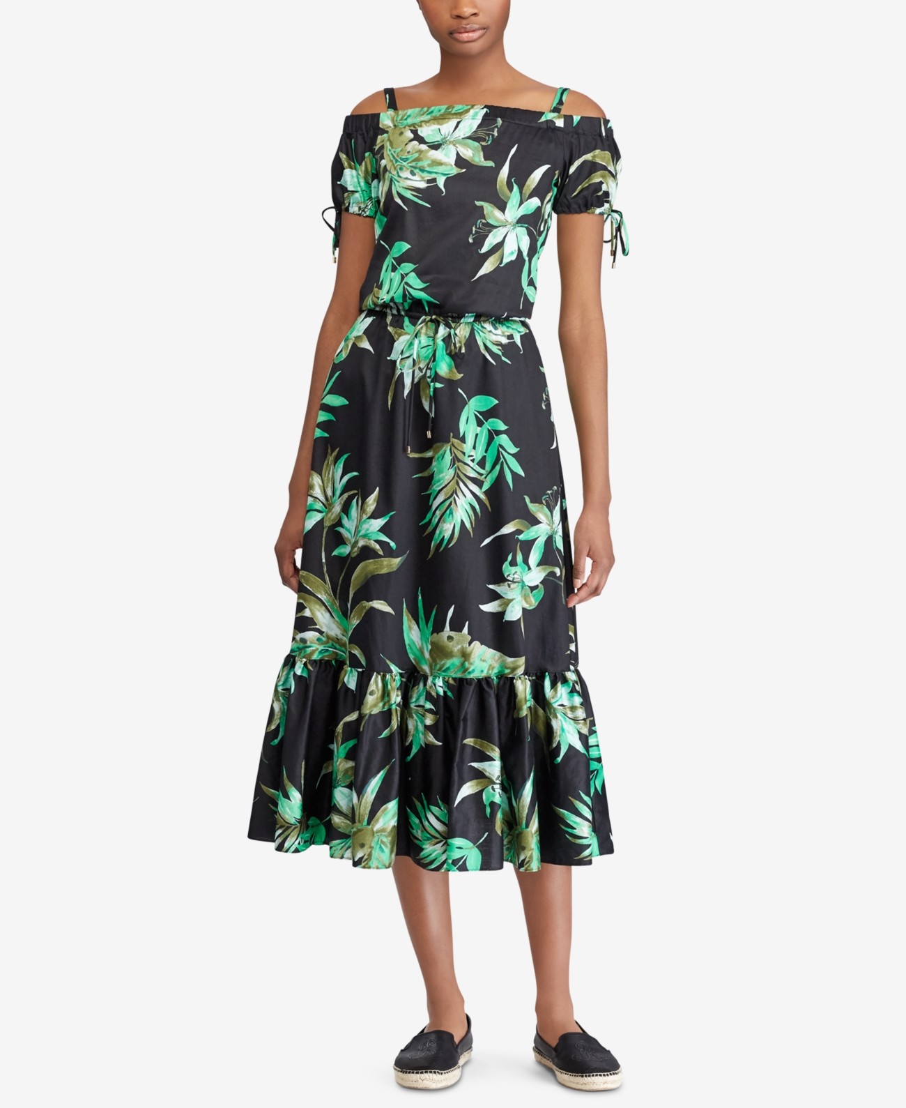 Ralph Lauren (JN9-33*) Floral Cotton Pockets Midi Dress Black Multi Sz 16 $155
