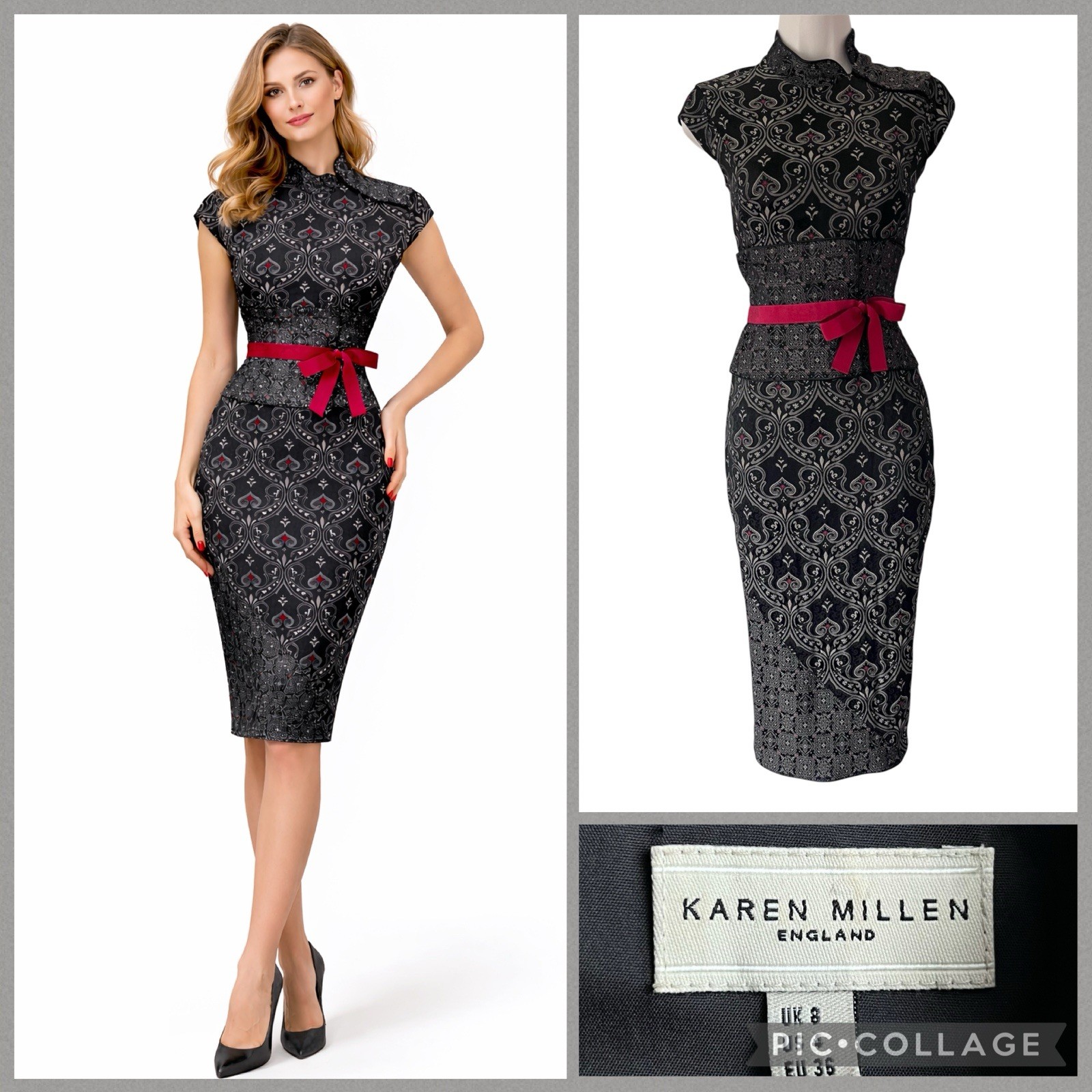 KAREN MILLEN Cheongsam Obi Dress Size 6 8 Chinese Oriental Damask Corset Pencil