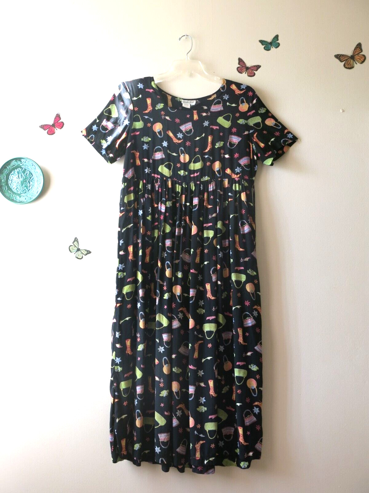 Vintage Coldwater Creek Rayon Black Shoe Purse Floral Print Jumper Dress Size PL