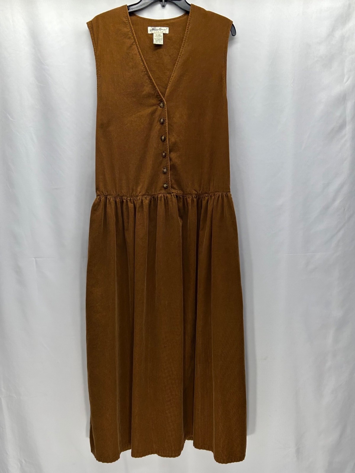 Vintage Eddie Bauer Brown Corduroy Sleeveless Button-Front Midi Dress Womens L