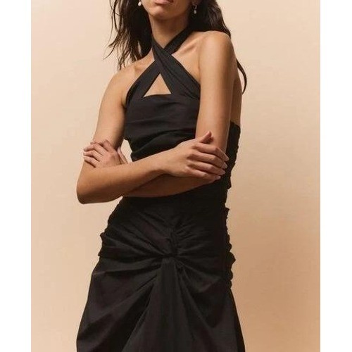 Carolina Herrera Black Halter Neck Midi Ruched Party Dress Size 10 TP01