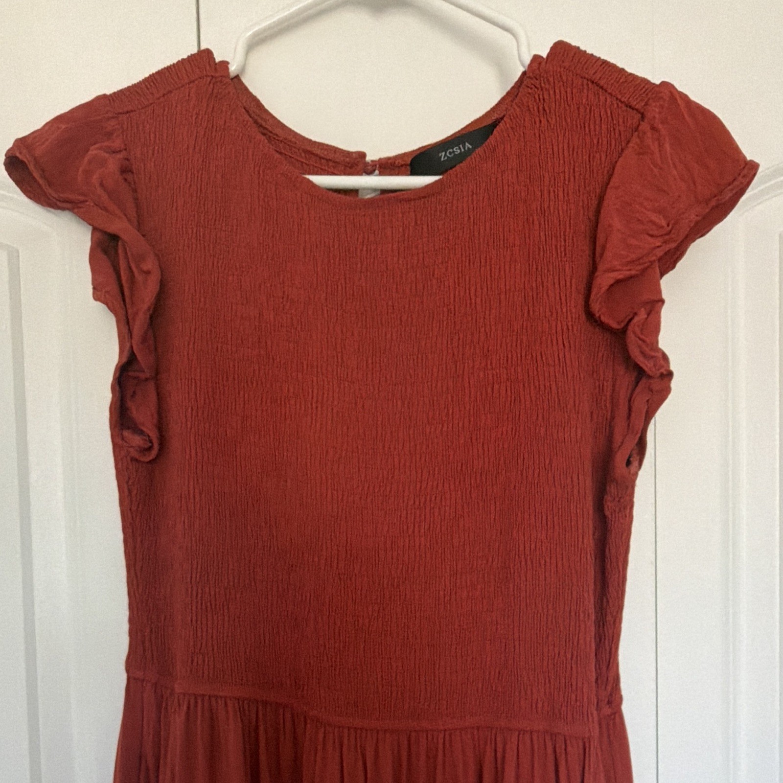 ZCSIA Rust Smocked Ruffle Sleeve Round Neck Midi A-Line Dress Womens L