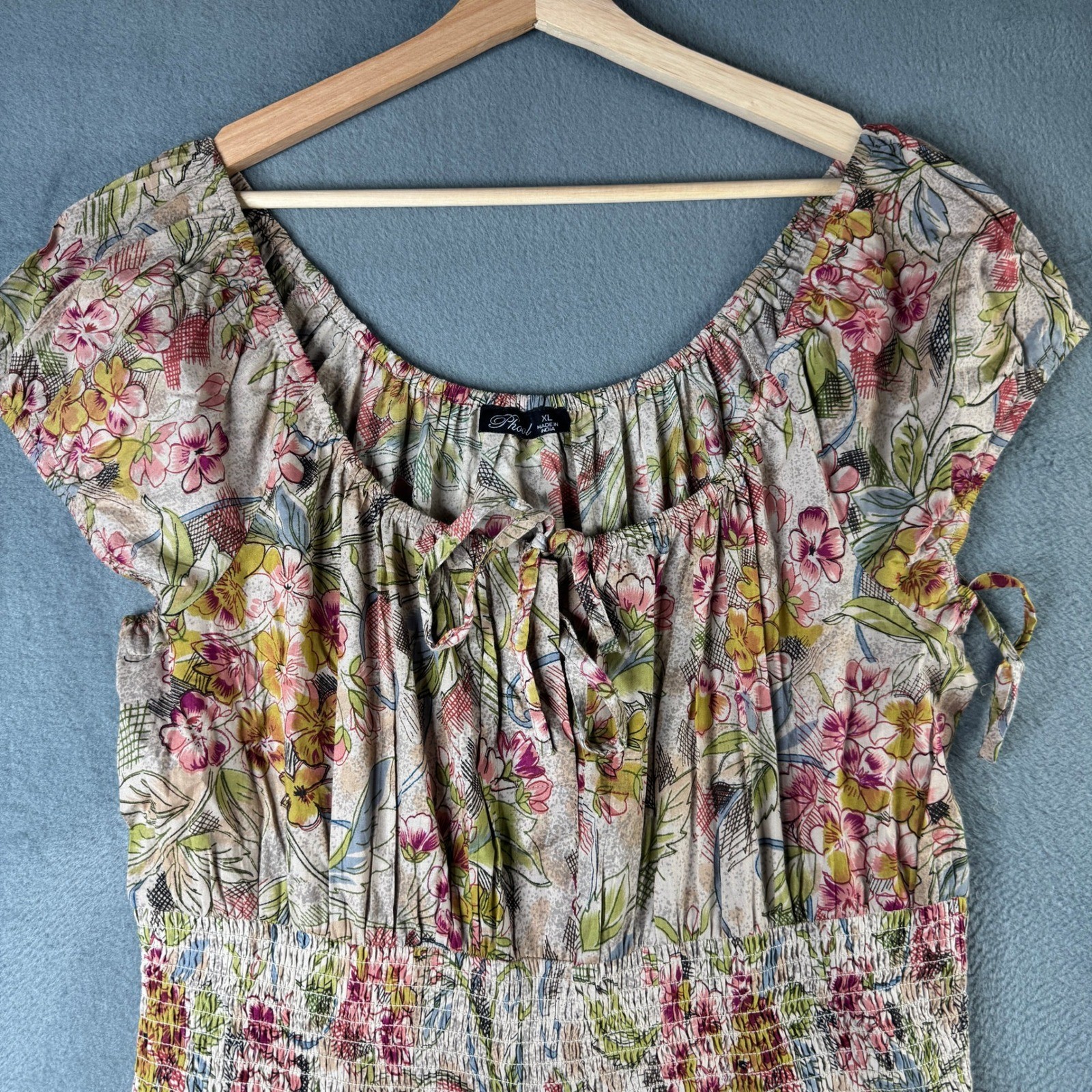 Phool Womens Size XL Floral 100% Cotton Smocked Waist Crinkle Skirt Midi Dress