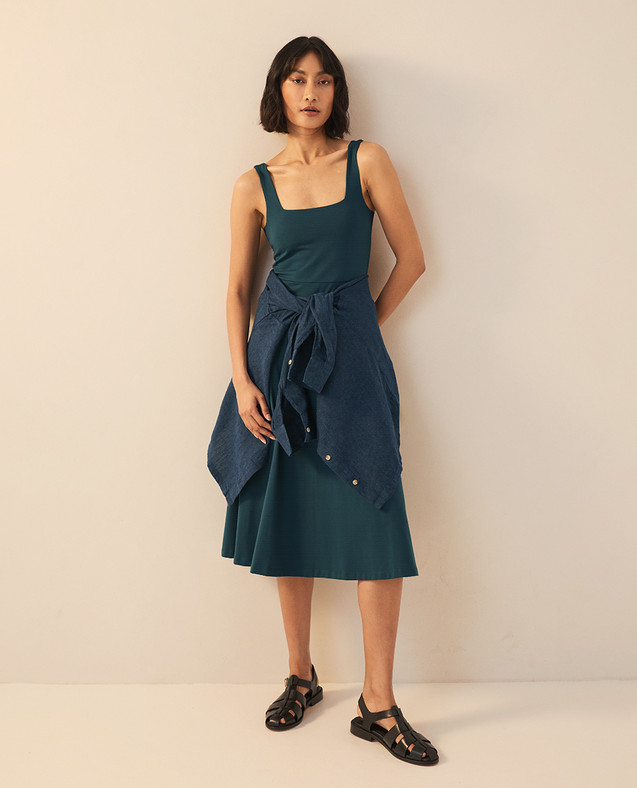 PACT Organic Fit & Flare Square Neck Dress, Deep Aqua