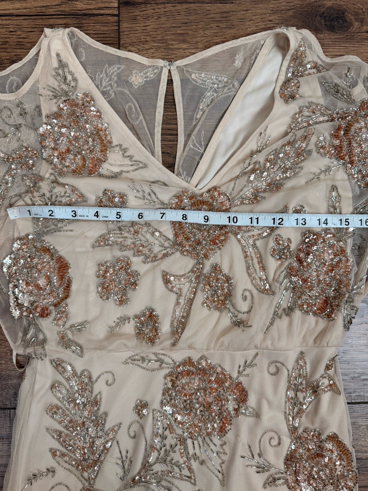 Aidan Mattox Beaded Sequin V-Neckline Blouson Mini Dress Silver Gold Sz 6