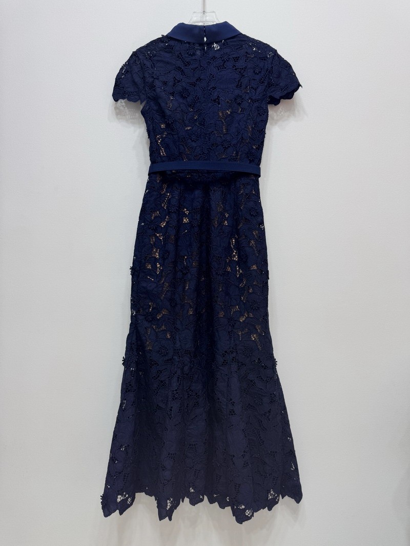 Self-Portrait Flip collar Short sleeves Dark blue Embroidery Fishtail Dress