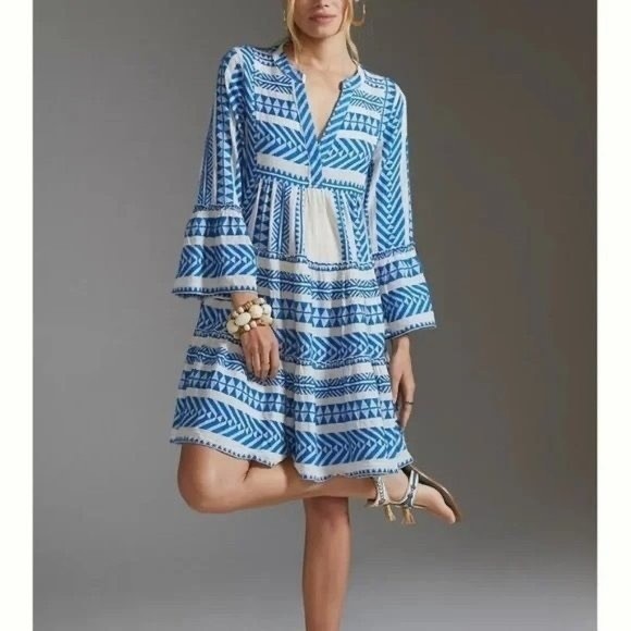 Devotion Twins Ella Blue White Geometric Cotton Tiered Mini Dress Boho Small d1