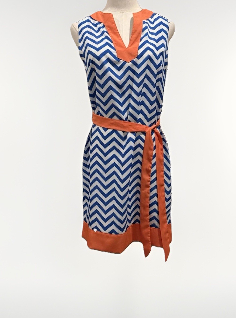Women’s Mud Pie Blue Chevron/Orange Trim Print V-neck Belted Cool Shift Dress M