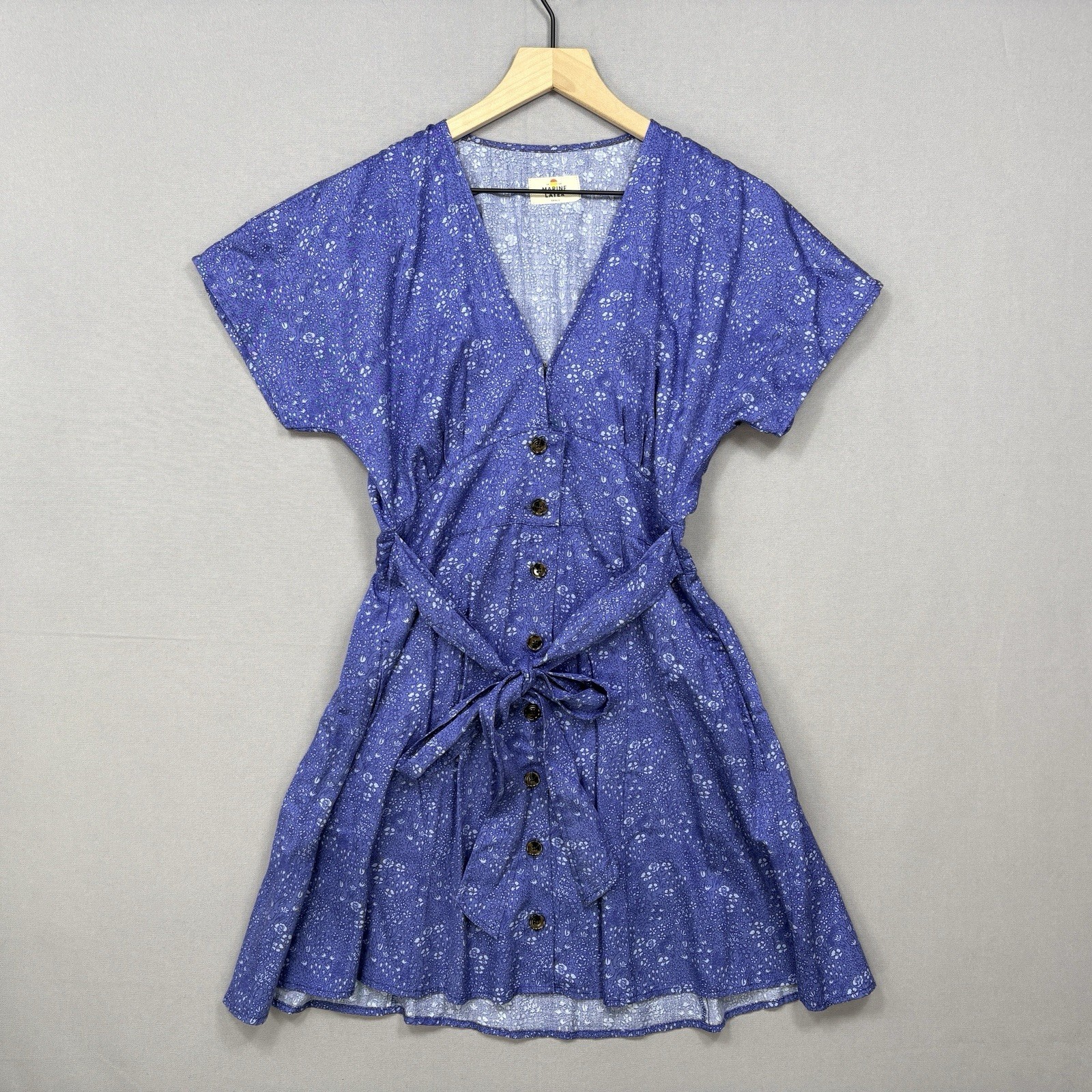 Marine Layer Camila Mini Dress S Blue SF Toil Print Button Front Tie Waist 2022